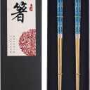 Metal Chopsticks Titanium Plated Stainless Steel Chopsticks Reusable Dishwasher safe Japanese Korean Chopstick lightweight Laser Engraved Anti-slip Chop sticks for Eating 2 Pairs Gift Set Blue Gold