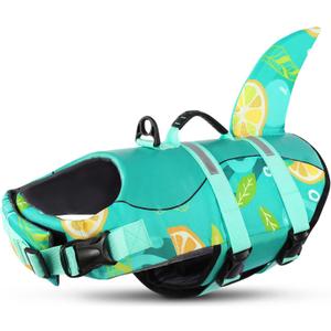 Queenmore Dog Shark Life Jacket with Rescue Handle - Adjustable Reflective Dog Life Preserver for Large Dogs, Green Print XL