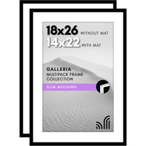 Americanflat 18x26 Poster Frame with Polished Plexiglass - Set of 2 - Use as 14x22 Frame with Mat or Display 18x26 Photo Without Mat - Galleria Collection - Picture Frames for Wall Display - Black