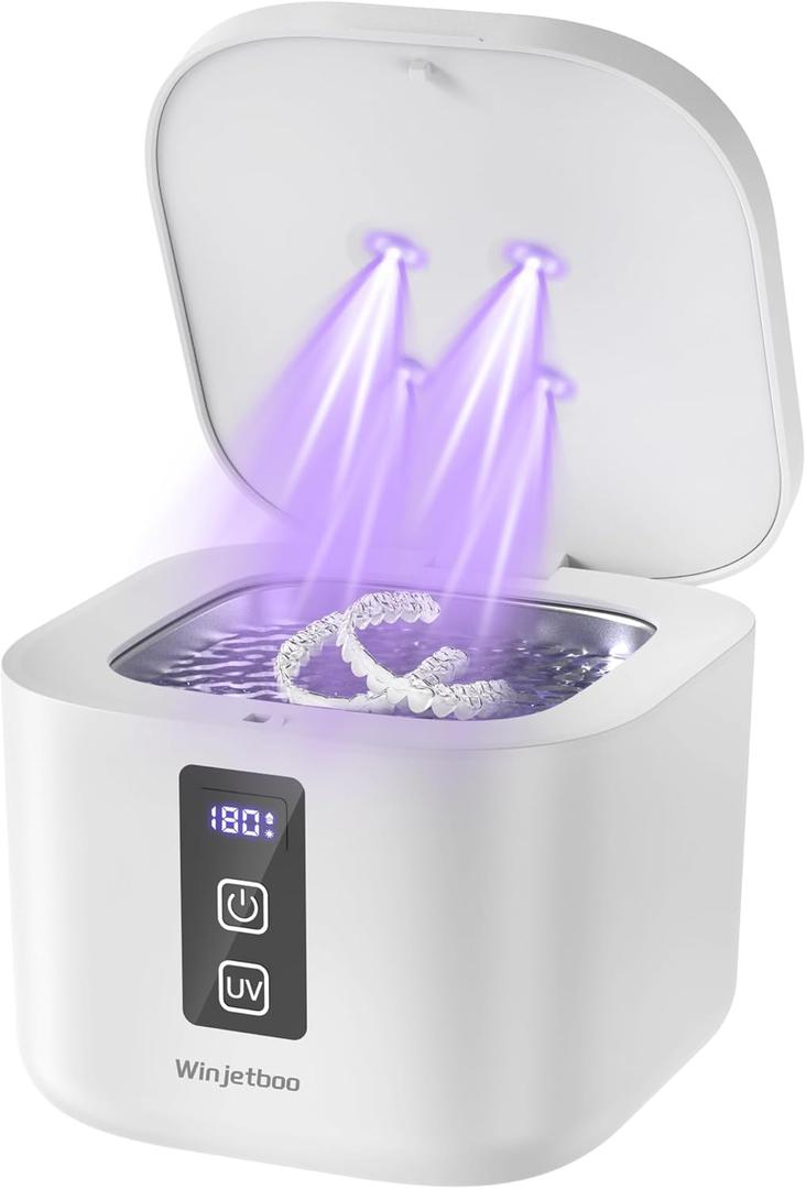 Ultrasonic Retainer Cleaner Machine, 48KHz Dental Cleaning Pod for Denture, Mouth Guard, Aligner, Night Guard, Braces, Toothbrush Heads, Jewelry with Digital Timer & 6 Modes, 13oz Capacity, White