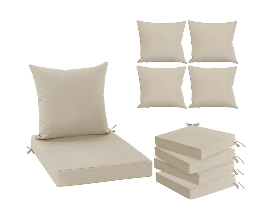 Outdoor Chair Cushions Set of 4, Waterproof Backrest and Deep Seat Cushion Set for Patio Furniture, Outdoor Sofa Replacement Cushions with Removable Cover, 24 x 24 Inch, Cream