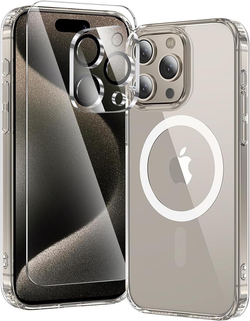 3 in 1 for iPhone 15 Pro Case Clear with MagSafe, Not Yellowing, Screen Protector*1 Camera Lens Protector*1, Military-Grade Protection for iPhone 15 Pro Phone Case 6.1 inch Clear