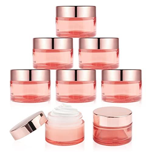 DMuuuDM 1 oz 7 Pack Pink Glass Jars,Empty 30ml Cream Jars with Rose gold Lids&Inner liner,Sample Cosmetic Container Vials Pot for Face Cream Eyeshadow Lotion Powder Foundation
