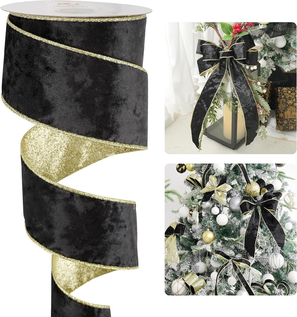HUIHUANG Black Velvet Wired Ribbon 2.5 inch Black and Gold Glitter Christmas Ribbon for Christmas Tree Decor, Bows, Wreaths, Garlands, Gift Wrapping- Continuous 10 Yards