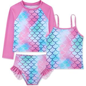 swimsobo Girls 3-Piece Swimsuit Long Sleeve Rash Guard Tankini Sets UPF Sun Proction Bathing Suit 3-10T (9-10 Years, Mermaid Pink)
