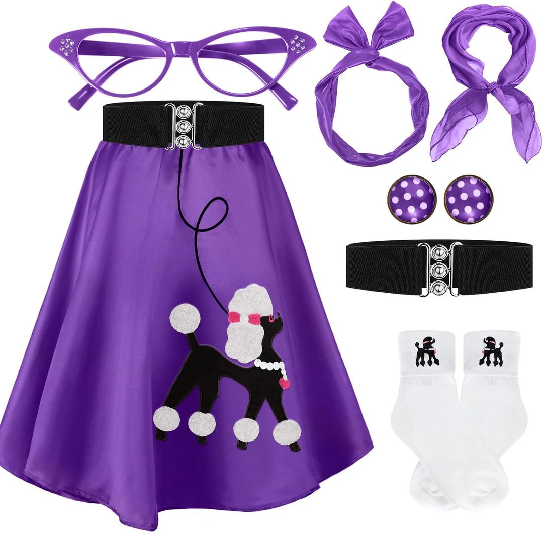 Women Sock Hop Costume 1950s Poodle Skirt Costume Outfit Skirt Scarf Belt Sock Eyeglass (X-Large, Purple)
