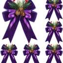 Syhood 6 Pcs Christmas Bows with Pine Cones Pine Needles Xmas Velvet Bows Purple Velvet Ribbon Christmas Tree Wreath Decoration for Xmas Parties Indoor Outdoor Crafts DIY Decor