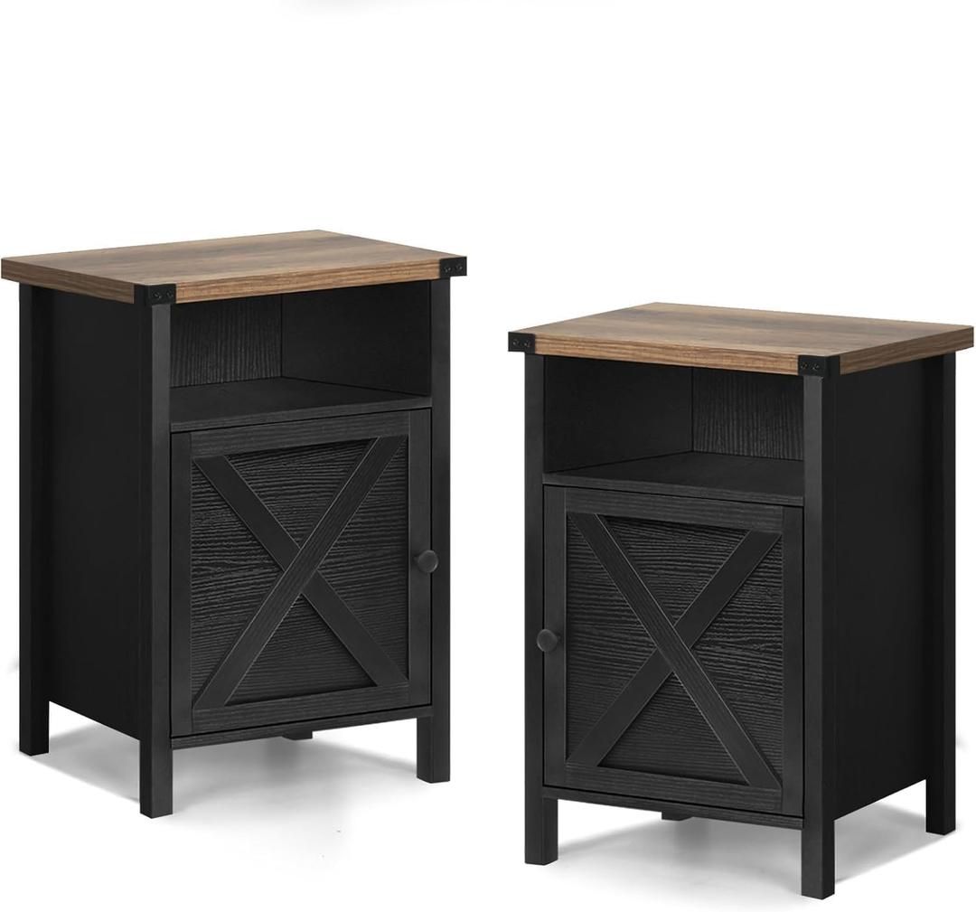 Farmhouse End Table, Nightstand, End Tables with Barn Door and Shelf, Wooden Sofa Side Table, Modern Bed Side Table Rustic Nightstands Set of 2, Bedroom, Living Room, Black