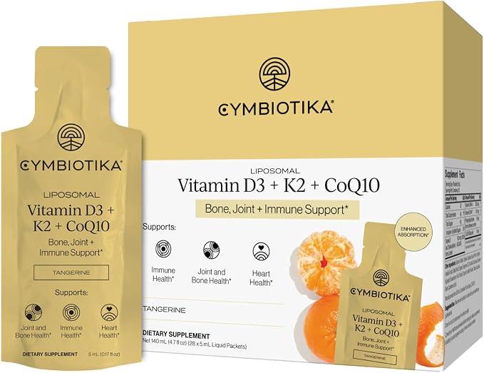CYMBIOTIKA Liposomal Vitamin D3 + K2 + CoQ10 for Bone, Heart & Immune
Plant-based D3 with K2 MK-4 & MK-7 plus CoQ10 for immune & bone support. Enhanced absorption. Tangerine, 28 packets. Vegan.