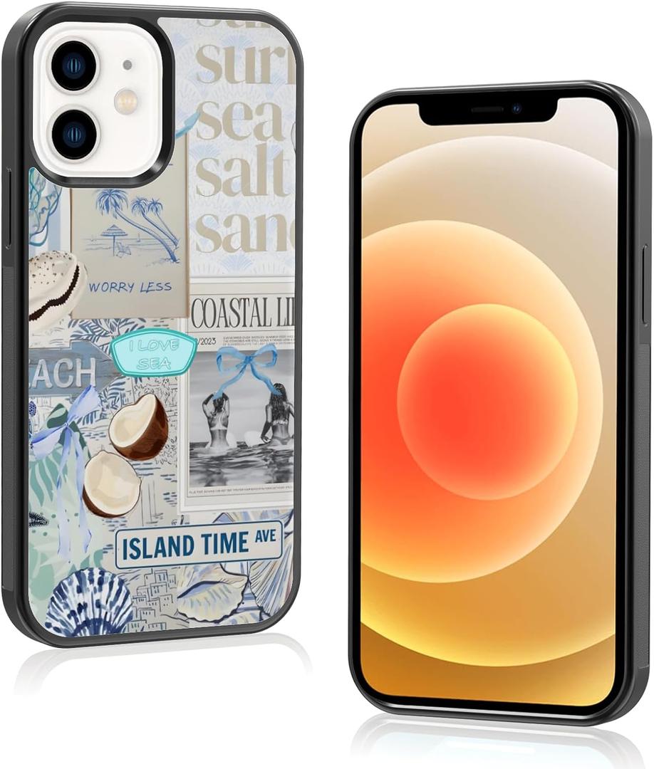 Cute Beach Coast Summer Collage Aesthetic Phone Case for iPhone 12 & 12 Pro (6.1") Case for Girls Women (Gray Blue)