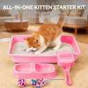 PAWISE Cat Litter Box Set, Small Kitten Starter Kit, Includes Litter Box, Litter Scoop, Double Dish Feeding Bowl, Cat Mouse Toy, Kitty Ball Toy, Pink