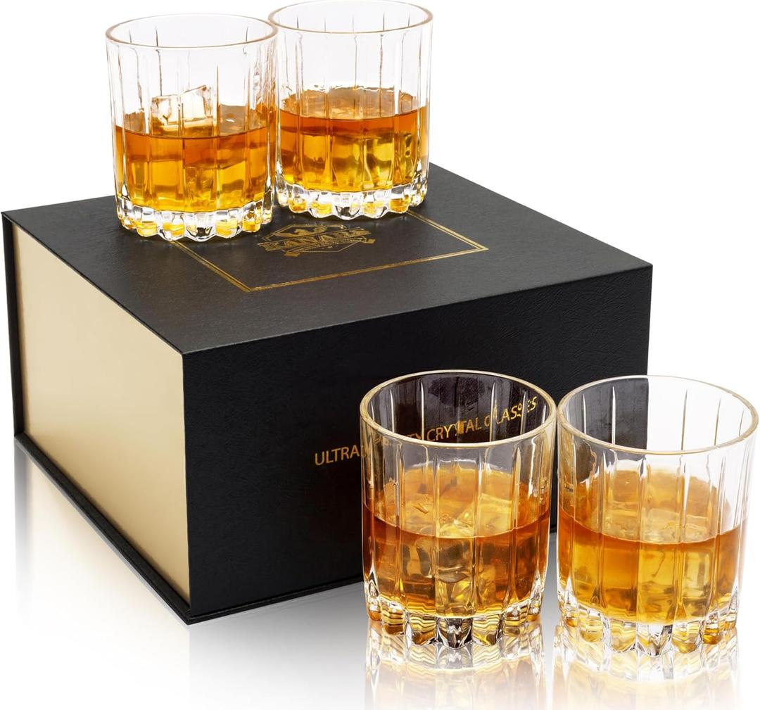 KANARS Crystal Whiskey Glasses, Set of 4 Premium Rocks Glasses in Elegant Gift Box, 10 Oz Old Fashioned Glass Tumblers for Bourbon, Scotch Whisky, Cocktails, Cognac, Liquor Drinking
