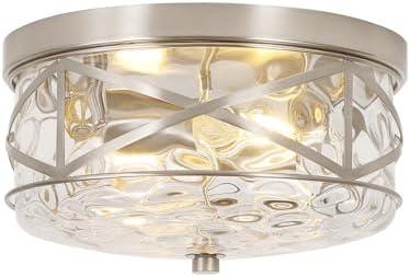 LamQee 9.8" Small Flush Mount Ceiling Light With Clear Hammered Glass, Brushed Nickel Hallway Light Fixtures Ceiling Mount for Bathroom, 2-Lights Farmhouse Close To Ceiling Light Kitchen Foyer Bedroom