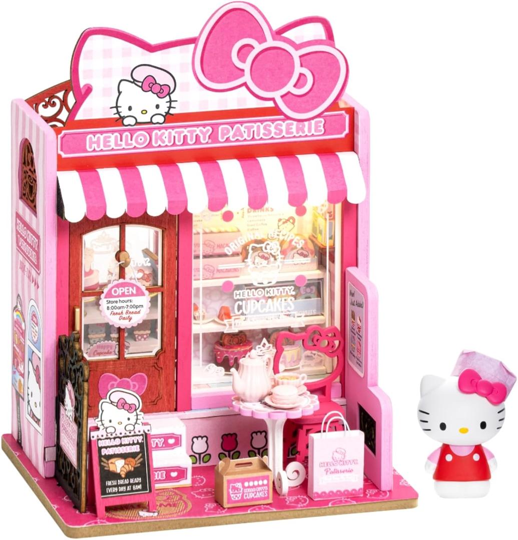 Hands Craft Hello Kitty Patisserie Miniature House Kit with Hello Kitty Figurine Kawaii 3D Puzzle with Switch Activated LED Lights DIY Wooden Craft Kit for Bedroom or Bookshelf Decor & Gifts