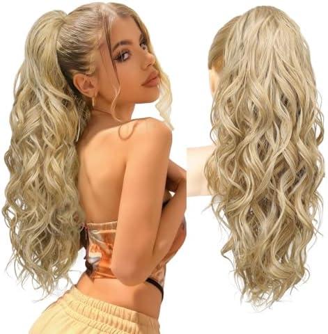 REECHO Ponytail Extension, 24" Claw Clip Ponytail Extension Wavy Ponytails Hair Extensions Jaw Clip on Pony Tails Natural Synthetic Hairpiece for Women Daily, Golden with Blonde Highlights