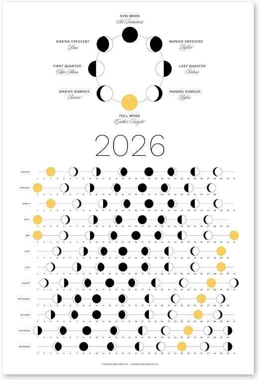 2026 Light Moon Phase Calendar (SHIPS FLAT) Hangable Lunar Wall Poster  Great as a Unique Gift, Moon Tracking, Décor & Art, Astrology  Celestial Calendar for Home & Office by Thankful Greetings