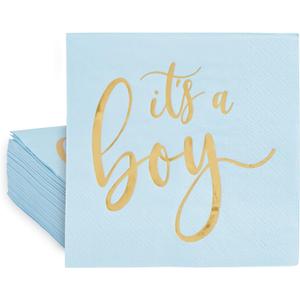Sparkle and Bash 50 Pack Its a Boy Baby Shower Cocktail Napkins Party Supplies 5x5 inch, Blue with Gold Foil Table Napkin, Festive Gender Reveal Decorations for Special Occasions