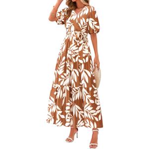 PRETTYGARDEN Women's Summer Maxi Dress 2025 Resort Wear Boho Floral V Neck Puff Short Sleeve Ruffle Flowy Beach Long Dresses (Khaki, Smal)