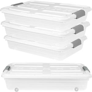4 PCS*37 Qt Wheeled Latching Under Bed Storage, Stackable Bin with Latch Lid, Plastic Container to Organize Shoes Underbed, Clear with White Lid(White)