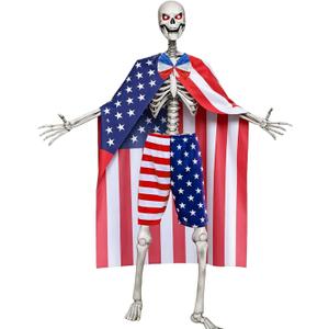 3 Pcs 12 Foot Skeleton 4th of July Outfit, USA Flag Skeleton Costume with Shorts, Tie and Banner for Independence Day Outdoor Garden Lawn Patriotic Party Decor