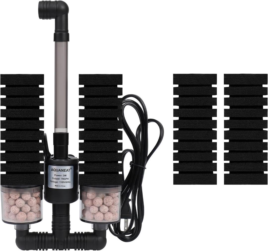 AQUANEAT Aquarium Electric Sponge Filter for Fish Tank, with Pump, with 2 Extra Sponges, Middle up to 40Gal