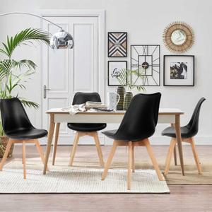 OLIXIS Dining Chairs Set of 4 Kitchen Mid Century Modern Chairs with Wood Legs and PU Leather Cushion for Living Room Bedroom Outdoor Lounge, Black