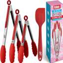 Kaluns Kitchen Tongs for Cooking Grilling Set of 4, BBQ Grill Tongs With Silicone Tip Stainless Steel Heat Resistant, Non-stick Pull Lock, Incl 7, 9, 12 Inch Tong Plus a Silicone Spatula (Red)