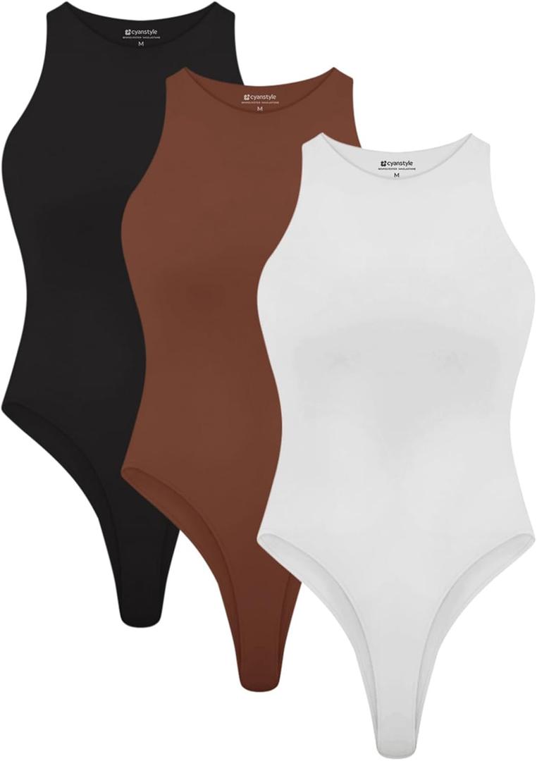 Cyanstyle Womens 3 Piece Bodysuits Sexy Sleeveless Racer Back High Neck Double Lined Bodysuit Tank Tops (Small, Black White Cappuccino)