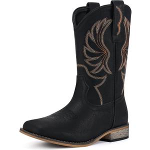 Rollda Kids Cowboy Boots for Boys Girls Western Square Toe Cowgirl Boots with Walking Heel (Toddler/Little Kid/Big Kid) (Black, 7)