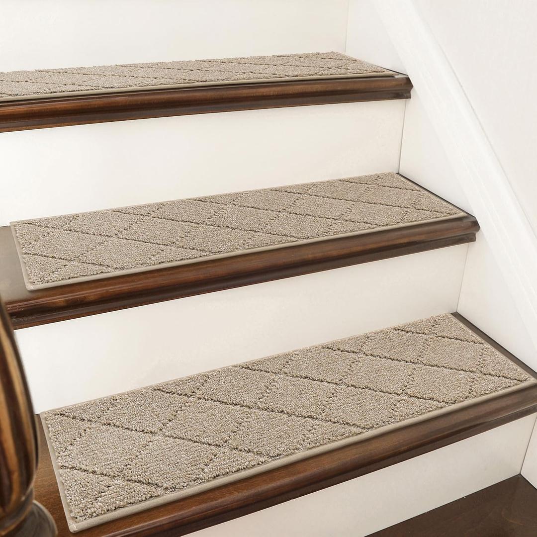 COSY HOMEER Edging Stair Treads Non-Slip Carpet Mat 28inX9in Indoor Stair Runners for Wooden Steps, Edging Stair Rugs for Kids and Dogs, 100% Polyester TPE Backing (4pc, Beige)