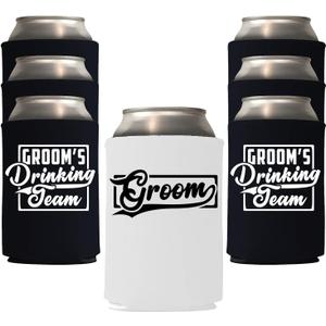 Veracco Groom's Drinking Team Can Coolie Holder Bachelor Party Wedding Favors Gift For Groomsmen Proposal (12, Wht Groom, Blk DT)