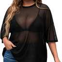 Women's Plus Size Clothes Concert Outfits Summer Sequin Tops See Through Mesh Short Sleeve Shirts, Large 