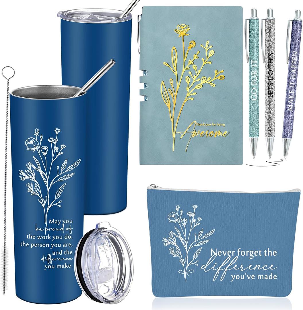 Funnymoom 6 Pcs Employee Appreciation Gift Thank You May You Be Proud 20 oz Boho Flower Tumbler Makeup Bag A6 Journal Pens for Back to School Gifts for Coworker Staff Women Men Nurse Teacher (Blue) 