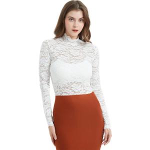Women Floral Summer Lace Top Eyelash Trim Sexy Long Sleeves Plus Size Casual Dressy Shirt with Camisole Two Piece (Medium, White)