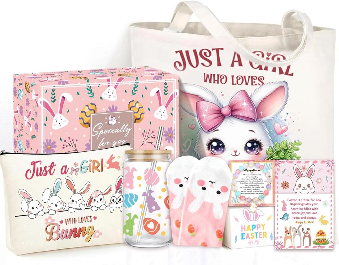 2 x Easter Basket for Teen Girls,Adult Easter Basket Stuffers Essentials for Women with Bunny Mug Tote Bag Socks Gifts for Women Teen Girls.