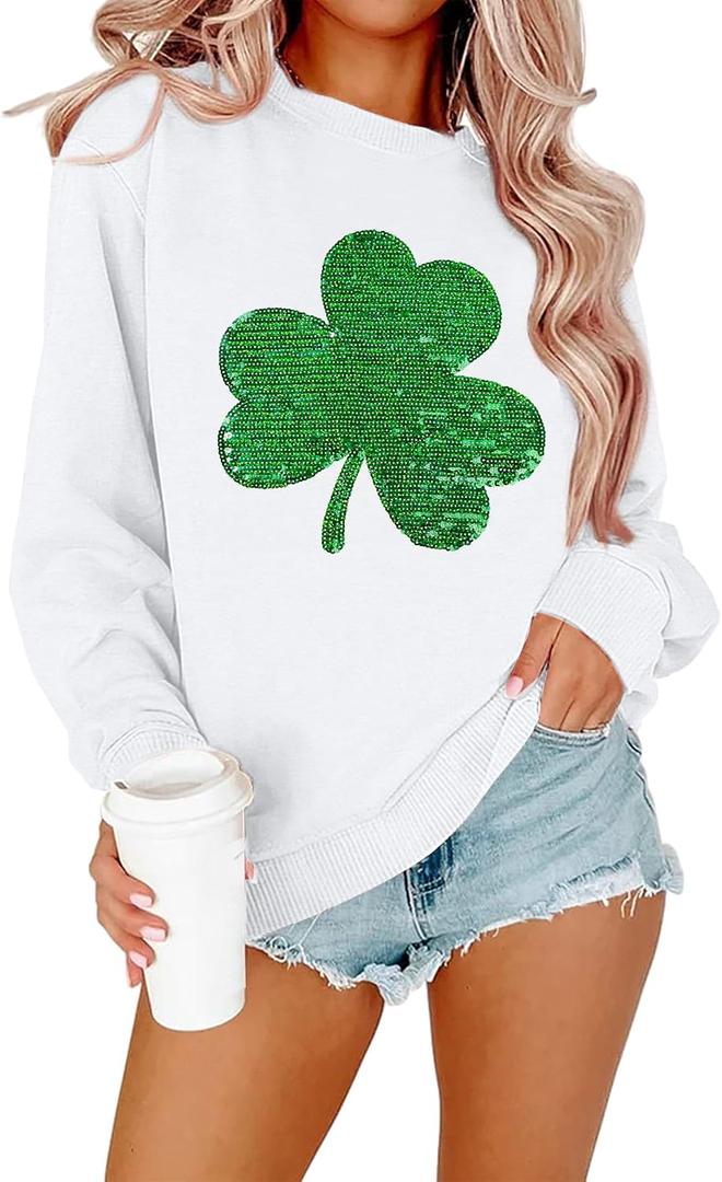 FAYALEQ St Patrick's Day Sweatshirt Women Shamrock Sequin Pullover Clover Hoodie Holiday Long Sleeve Tops (White, XL)