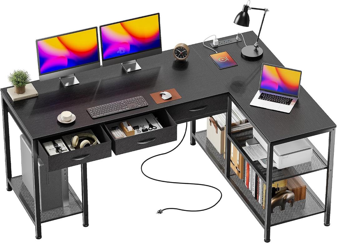 PRAISUN 55 Inch L Shaped Office Desk with Power Outlets and Type-C Port, Large Computer Gaming Desk with 3 Fabric Drawers, Mesh Shelves, Corner Study Work Writing Desk, Black, 55.1inch