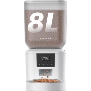 Automatic Dog Feeder - 8L/34 Cups Large Capacity Automatic Cat Food Dispenser with LCD Screen, Large Food Tray, Battery Operated, Timed Cat Feeder, Up to 50 Portions 6 Meals Per Day, Keeps Fresh (White)
