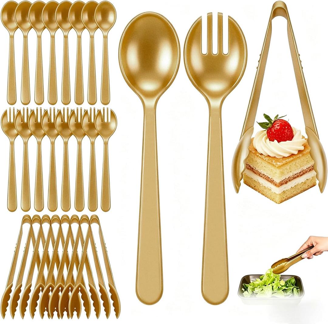 24 Pcs Gold Plastic Serving Utensils Set - Heavy Duty Disposable Serving Spoons, Forks & Tongs (8 of Each) - BPA-Free Catering Supplies for Buffets, Parties, Weddings & Events (9 Inch)
