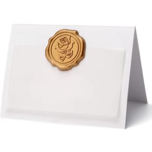 25 Pack Name Cards for Table Setting, Place Cards with Antique Gold Rose Wax Seal Sticker for Wedding, Table Tent Card Stock Handmade Decor for Party, Dinner, Home (Pearlized White)