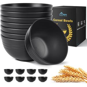HOTEC BPA Free Unbreakable Wheat Straw Cereal Bowls - Microwave & Dishwasher Safe Soup and Salad Bowls, Set of 8, 26oz, Black