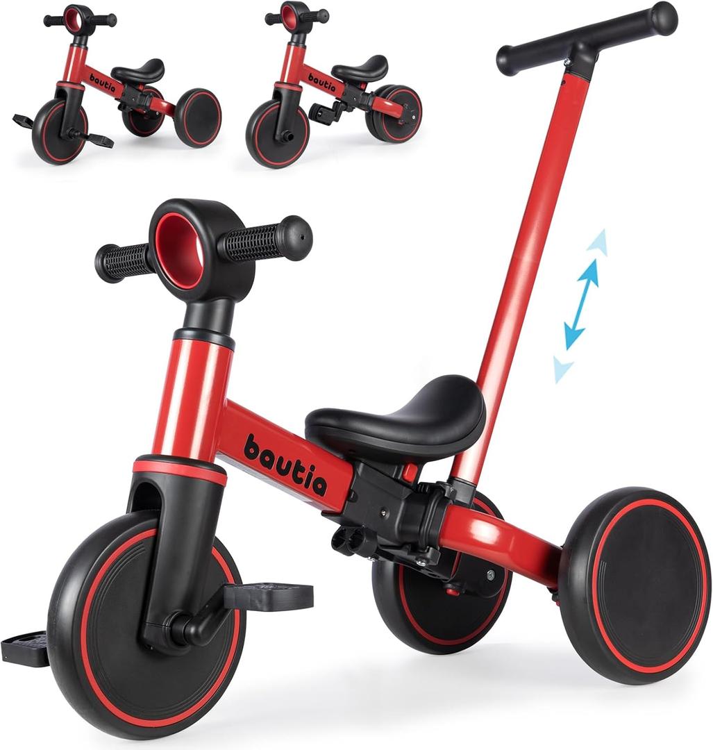 Kids Tricycle for Toddlers 1-3 with Push Handle, 5 in 1 Baby Balance Bike Toy for 2 3 Years Old Boys Girls Gift with Removable Pedals, Red