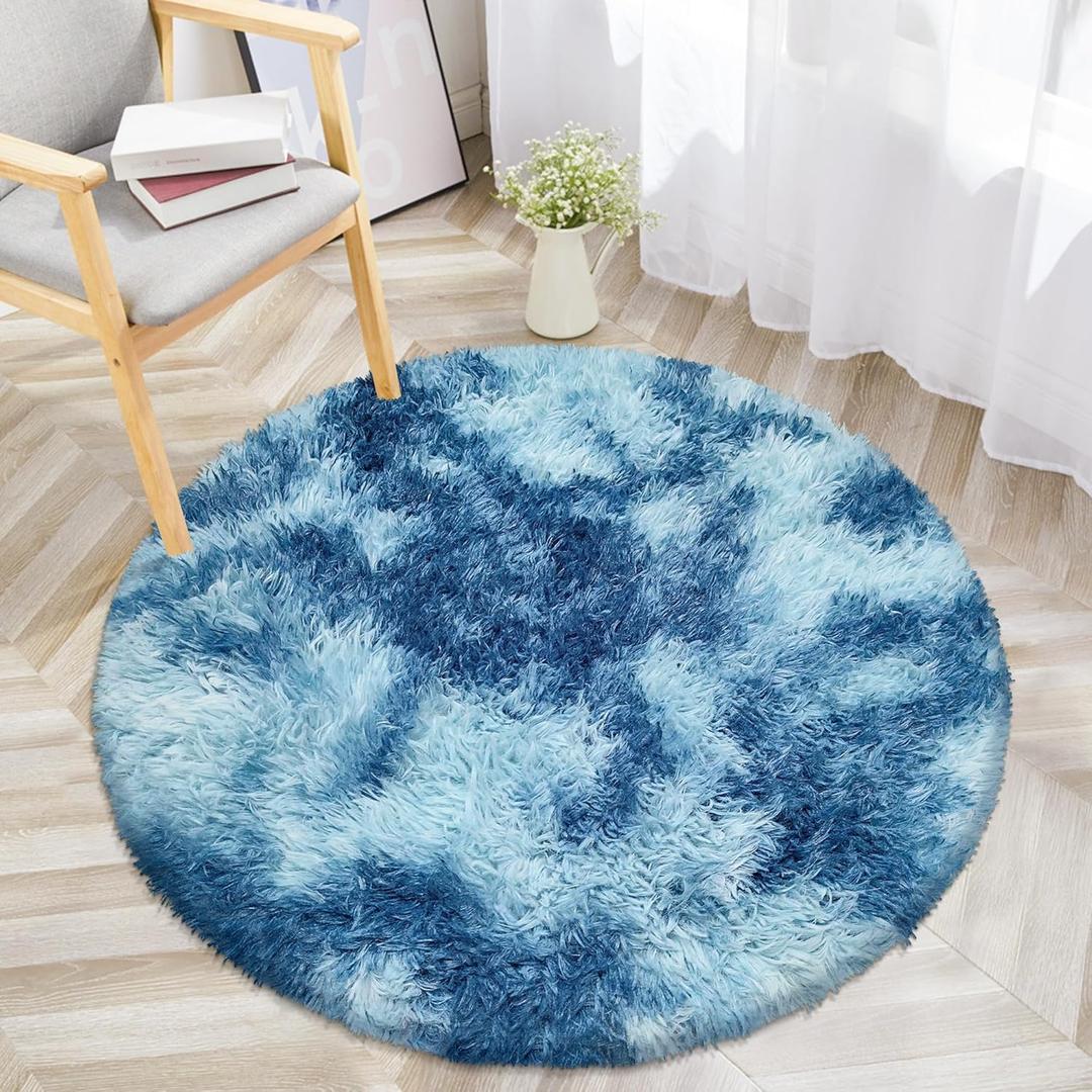 Round Rug 3 ft Blue Circle Area Rug,Tie Dyed Soft Shaggy Circle Rug Fluffy Plush Round Carpet for Kids Girls Boys Room Baby Nursery Living Room Playroom Home Decor (2'11" (Round))