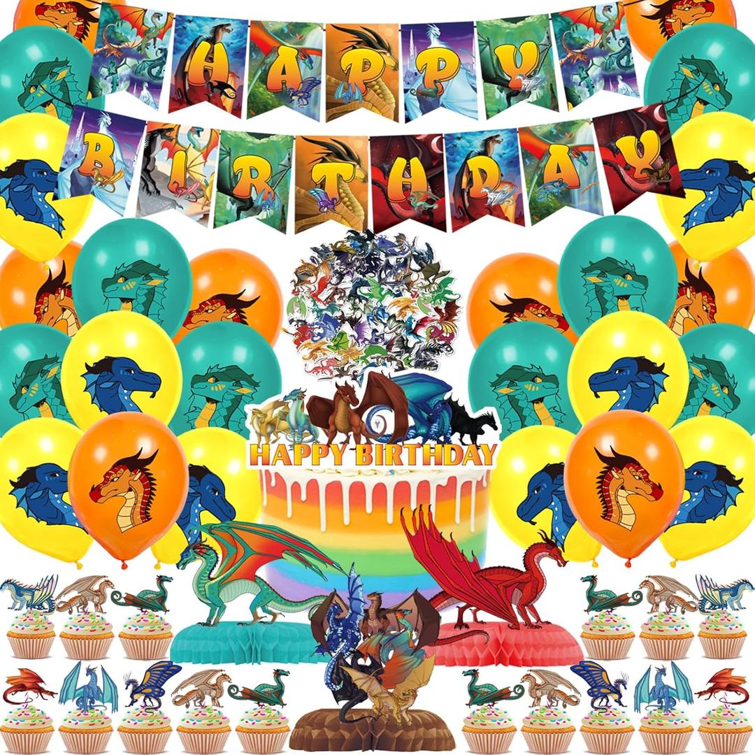 103 Pcs Wings of Fire Birthday Decorations, Dragon Birthday Party Supplies Set Includes Happy Birthday Banner, Cake Topper, Cupcake Toppers, Balloons, Honeycombs and Stickers for Boys and Girls
