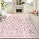 Pink Rug for Living Room 8x10, Soft Large Washable Area Rugs for Bedroom Girls, Boho Cute Floral Indoor Decor Non Slip Low Pile Carpet for Nursery Girls Room Kids Playroom, Pink Multi
