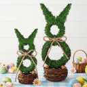 RattanView 2 Pcs Easter Decor Rattan Bunny for Home Table Centerpieces Bunny Decor 11" and 14" Easte Artificial Rabbit Table Decoration with Bow and Basket Spring Figurines Standing Rabbit