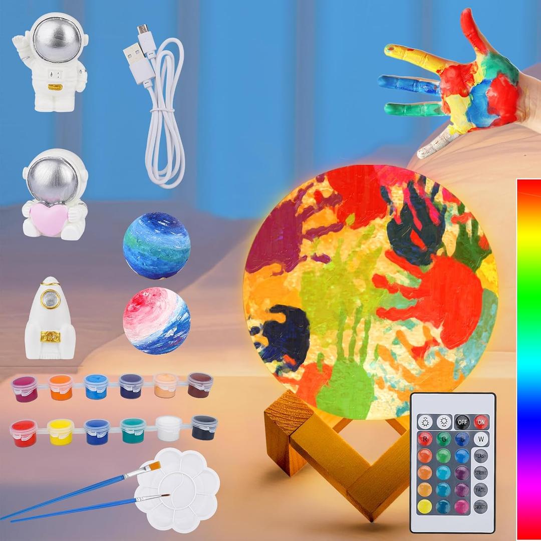 Minleway 16 Colors Rechargeable Paint Your Own Moon Lamp Kit, DIY Night Light Arts & Crafts Kit Gift for Kids, Women,Teen Girls Boy Birthday Ages 5 6 7 8 9 10 11 12 Bulk Kindergarten Home Dcor (4.7 inches-USB Charging type)