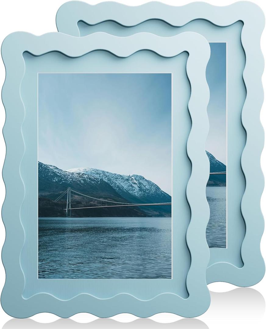 5x7 Wavy Picture Frame With Mat For 4x6, Wavy Edge Wooden Picture Frame with Real Glass - Wall Mount and Tabletop Display, Blue, 2 Pack