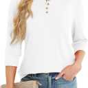 3/4 Length Sleeve Womens Tops Crew Neck Buttons Henley Shirts Tunic T Shirts Loose Fit Work Blouses 2025 Fall Trendy (White, M)