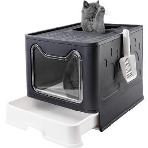 Bolux Foldable Cat Litter Box with Lid, Extra Large, Drawer Type Cat Litter Pan Easy to Scoop & Low Tracking (Dark Grey, 20" L x 16" W x 15" H) (Large, Dark Grey)